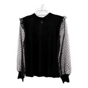 Flower & Feather Blouse Black Flocked Organza Sheer Sleeves Large Elegant Formal